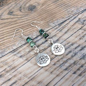 Lotus earrings with African Turquoise, healing jewelry, sterling silver